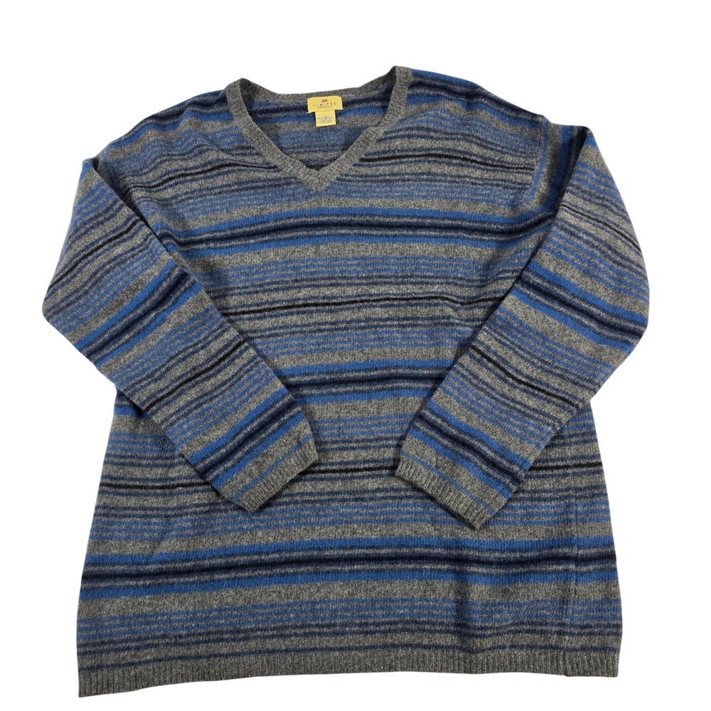Limited America Mens L Striped V Neck Lambswool Blend‎ Sweater Blue Gray